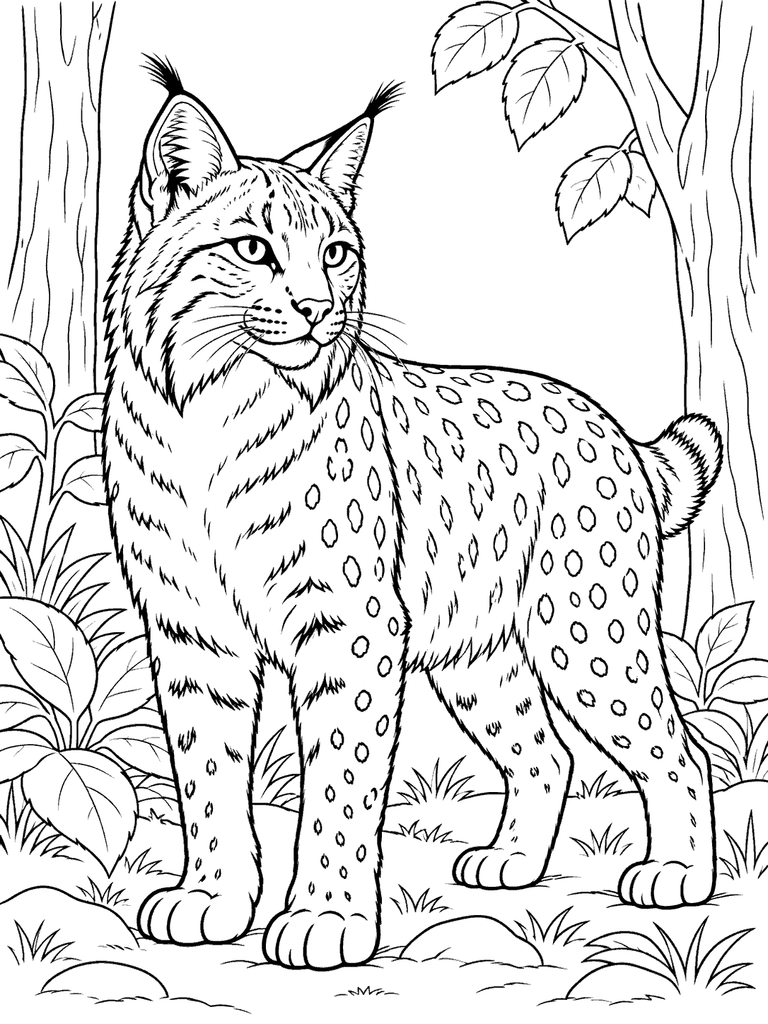 Black-outline coloring page of a spotted bobcat standing in a forest clearing with leafy plants and tree trunks.