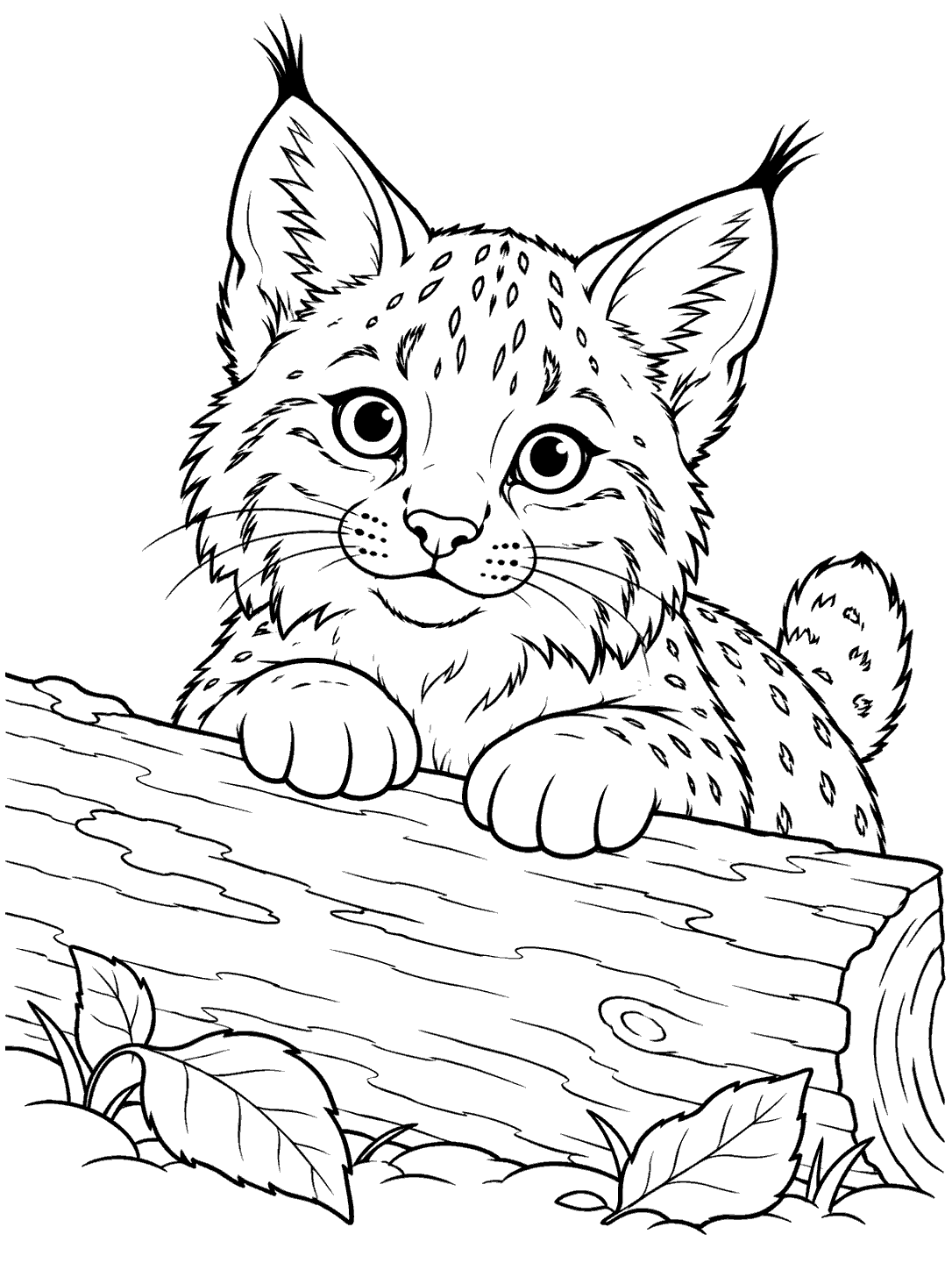 Bobcat cub peeking over a log coloring page