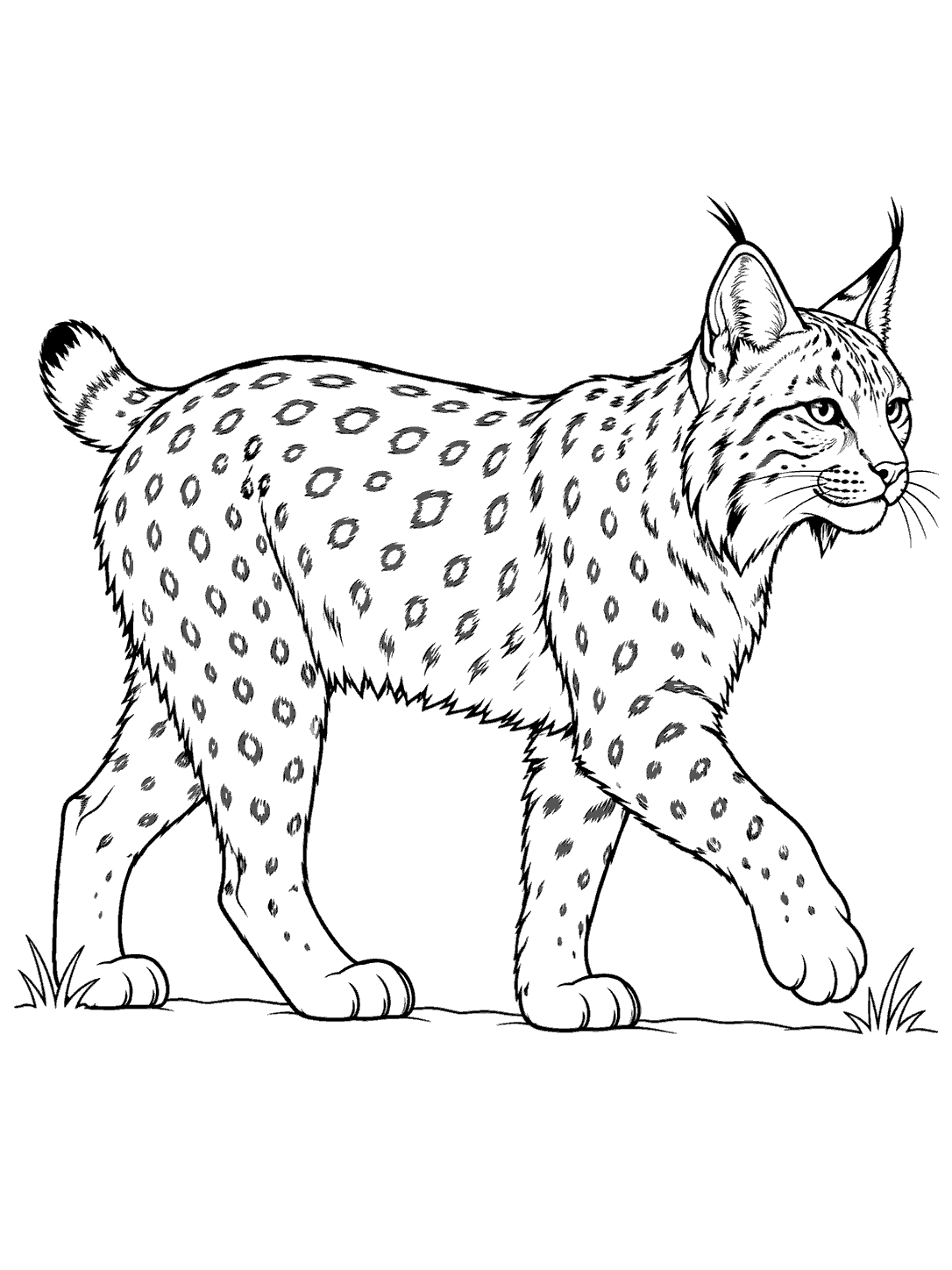 Walking bobcat in profile coloring page