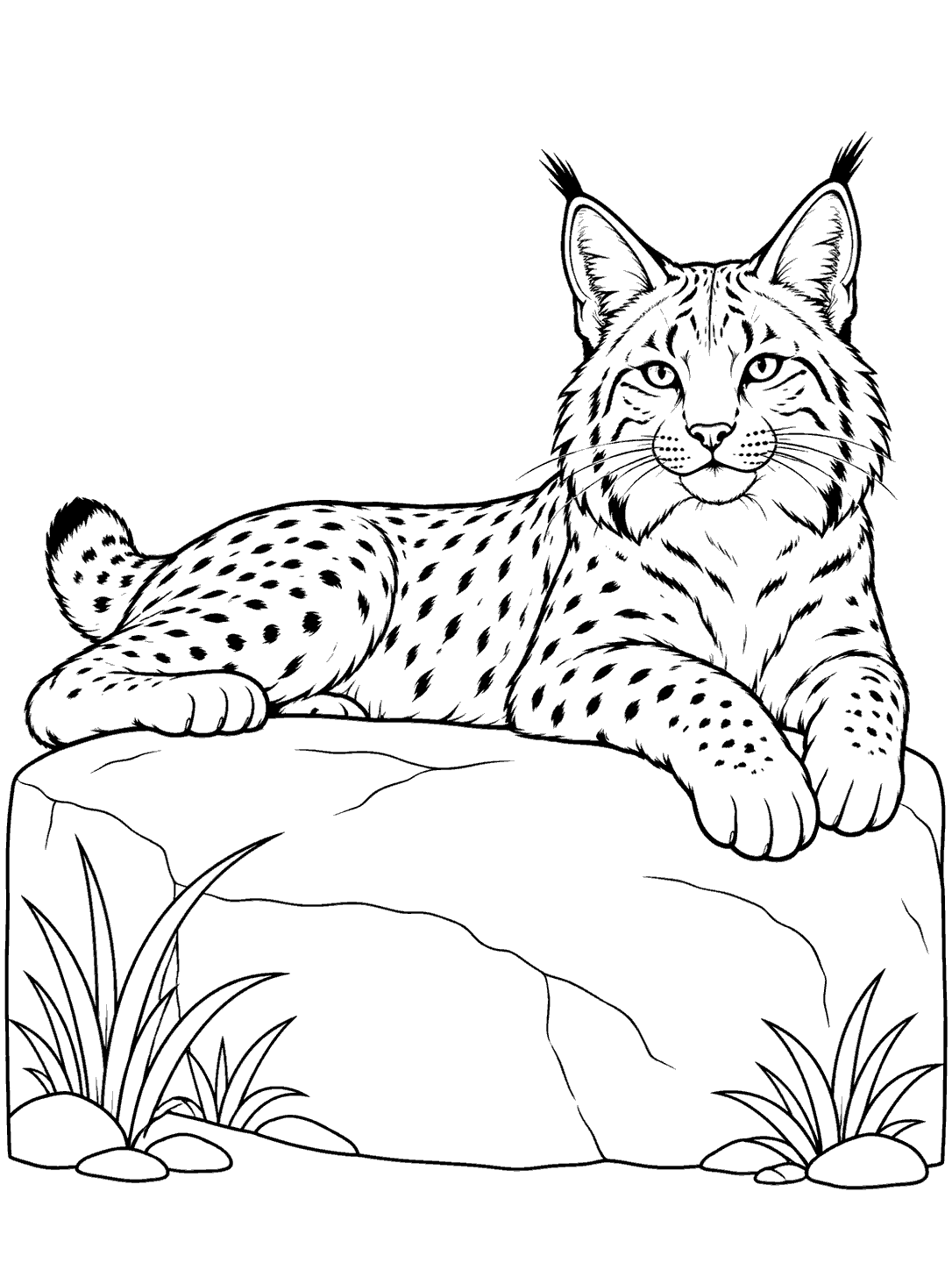Black and white bobcat coloring page showing a tuft-eared bobcat resting on a rock with grass at the base.