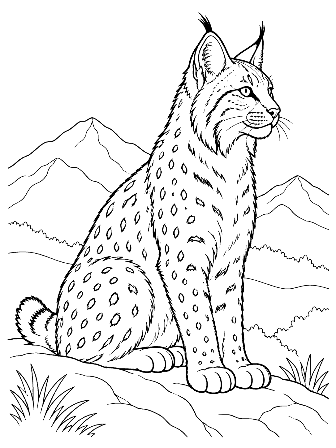 Black-outline coloring page of a seated, spotted bobcat on a ridge before mountain silhouettes