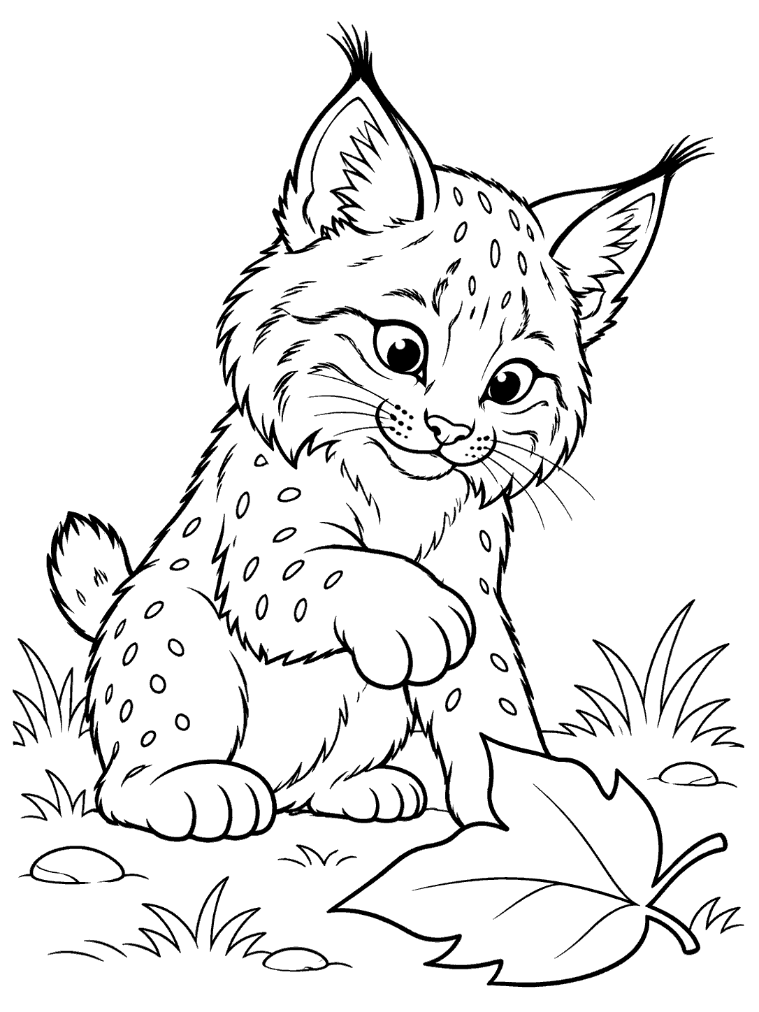 Bobcat cub batting at a large leaf on a coloring page
