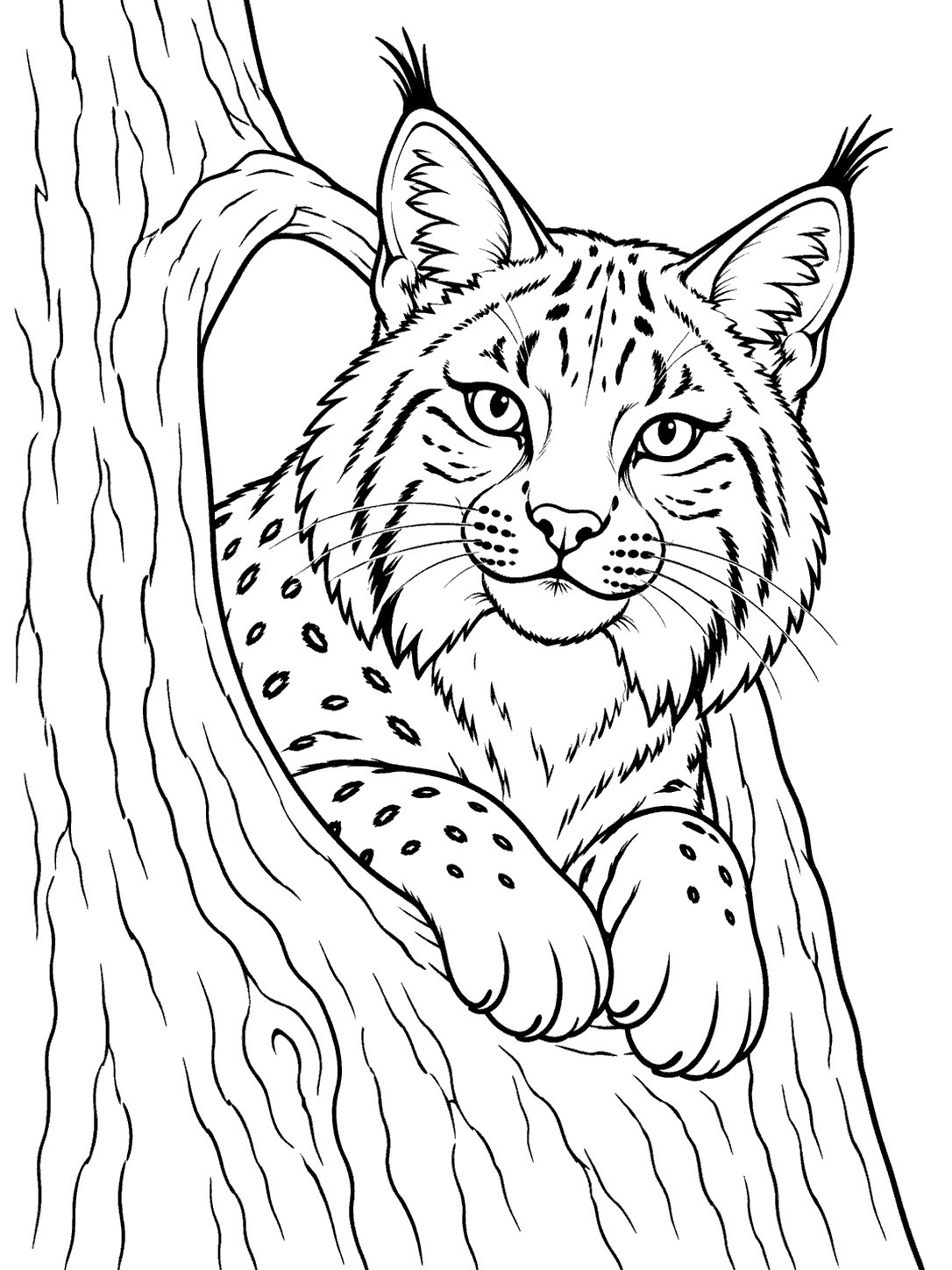 Bobcat peering from a tree hollow coloring page