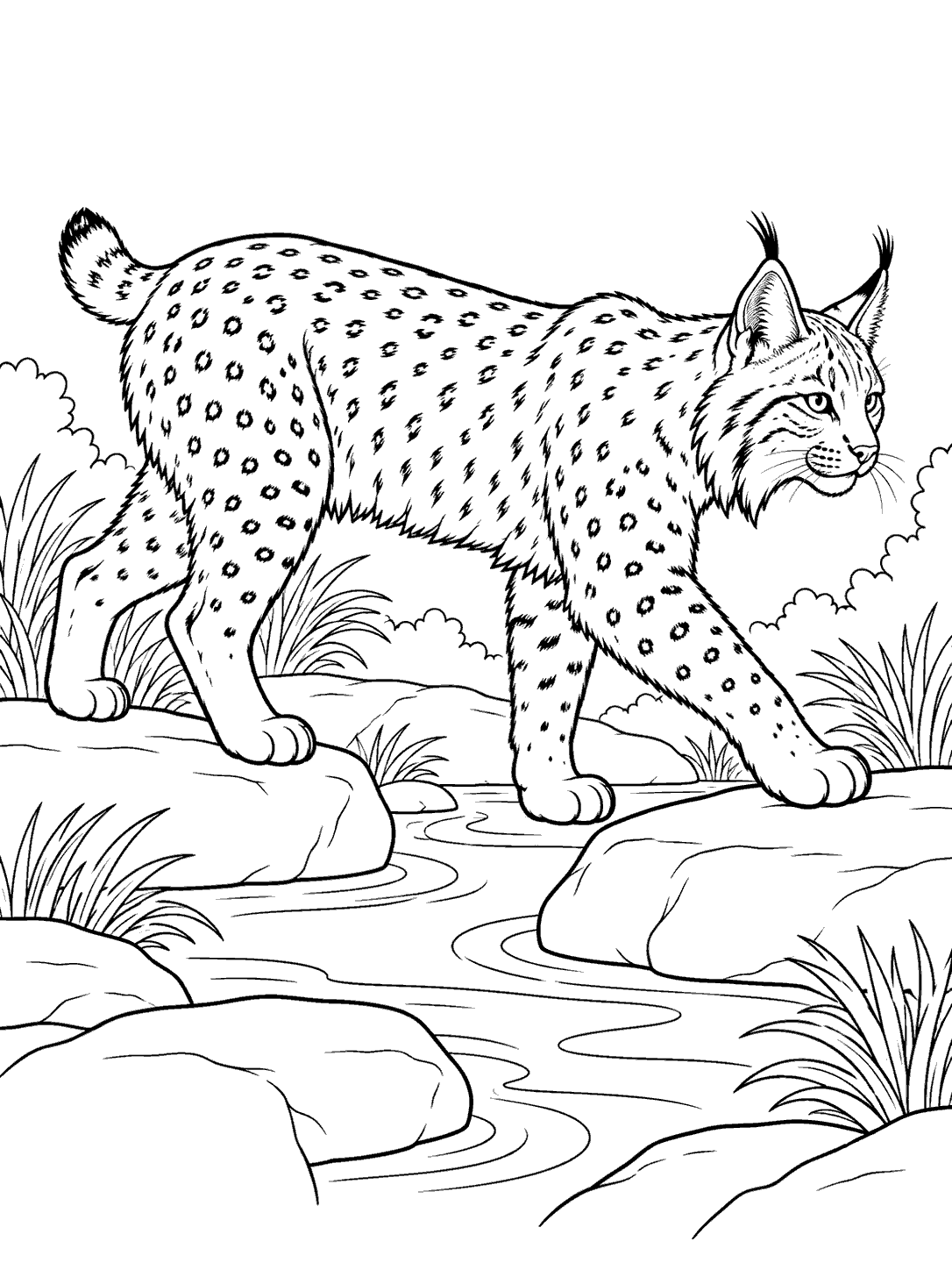 Profile bobcat with tufted ears and short tail stepping across stream stones in a printable coloring page.