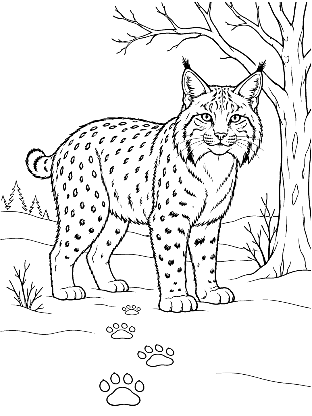 Bobcat in snowy woods with pawprints coloring page