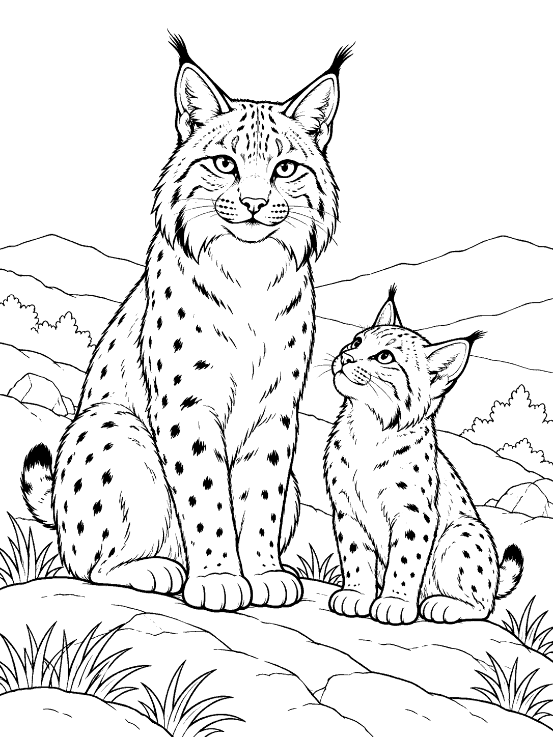 Adult bobcat and cub sitting together on a hillside in a coloring page.