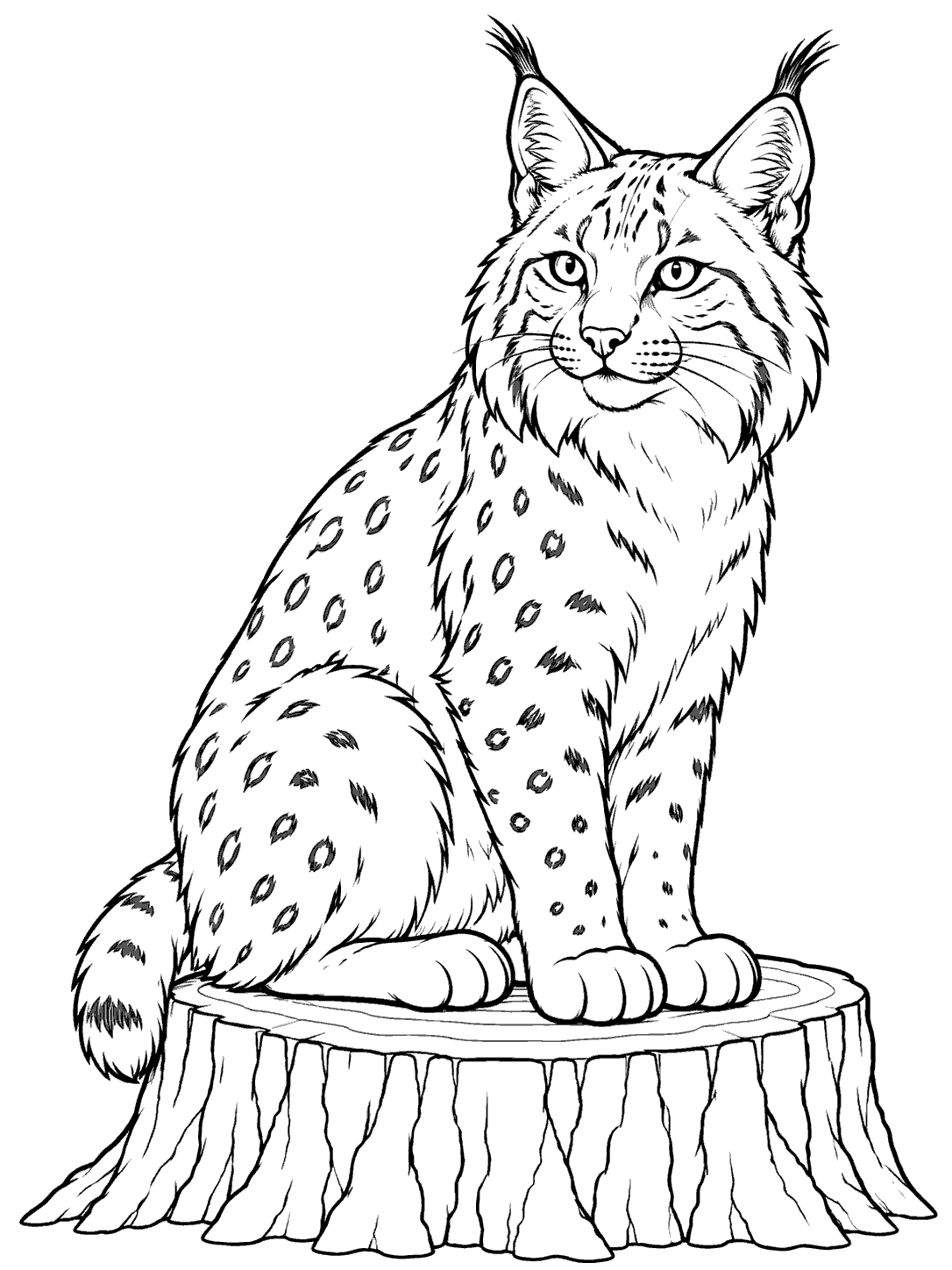 Black-and-white coloring page of a tuft-eared bobcat sitting on a tree stump