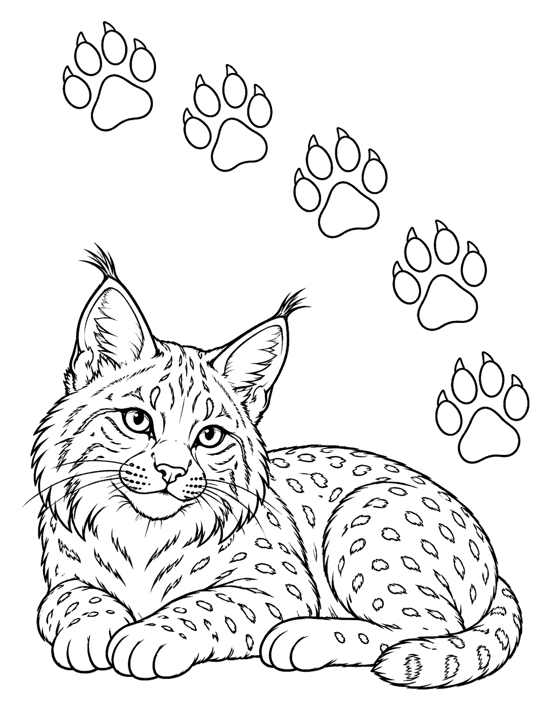 Resting bobcat with a trail of pawprints coloring page