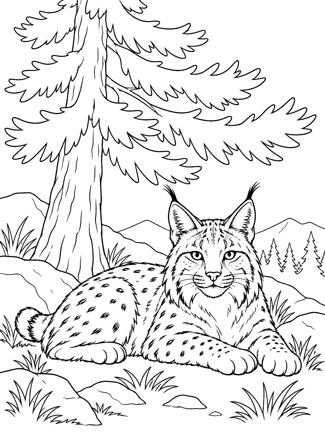 Bobcat resting under a pine tree coloring page