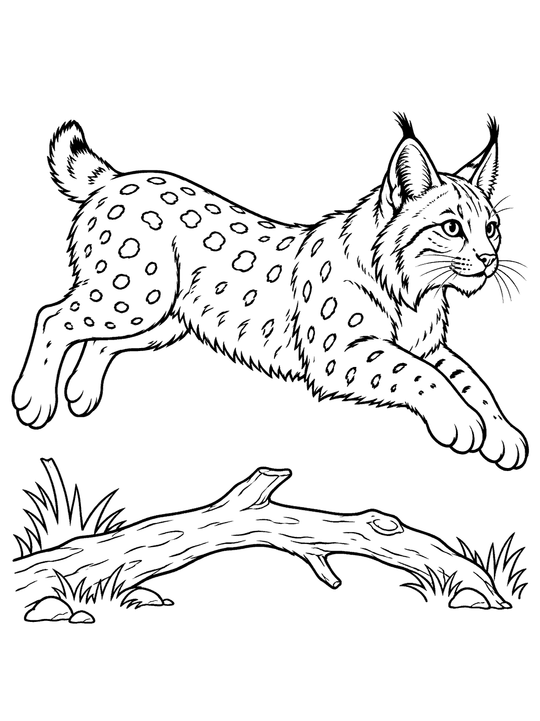 Black outline coloring page showing a tufted, spotted bobcat leaping over a fallen branch.