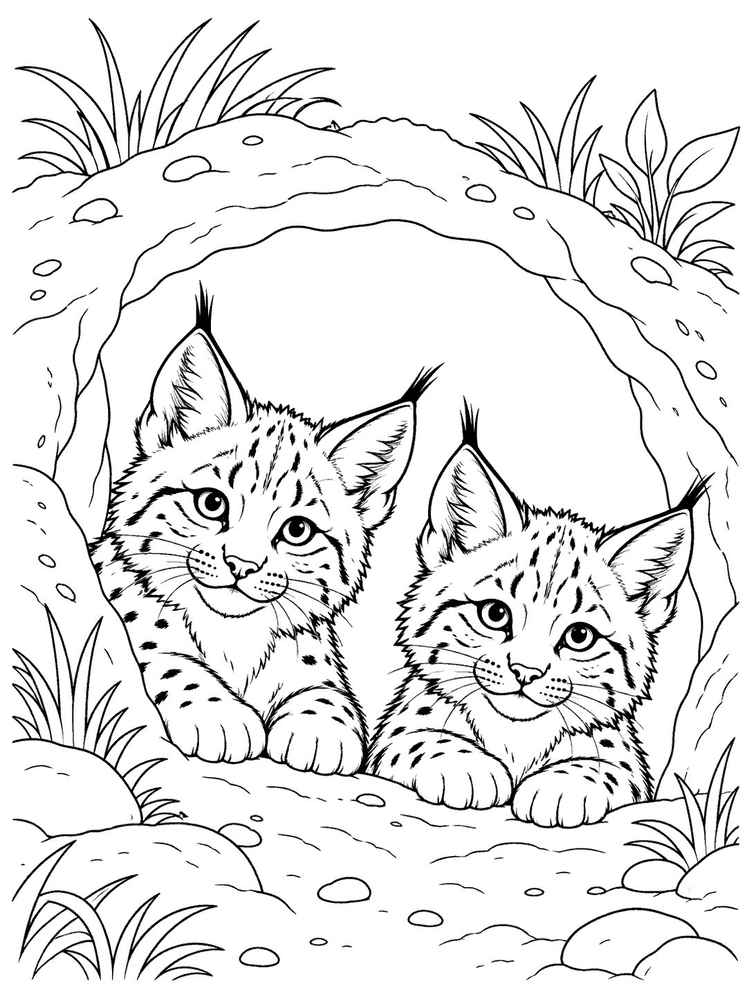 Two bobcat cubs with tufted ears and front paws at a broad, open den entrance in a printable coloring page