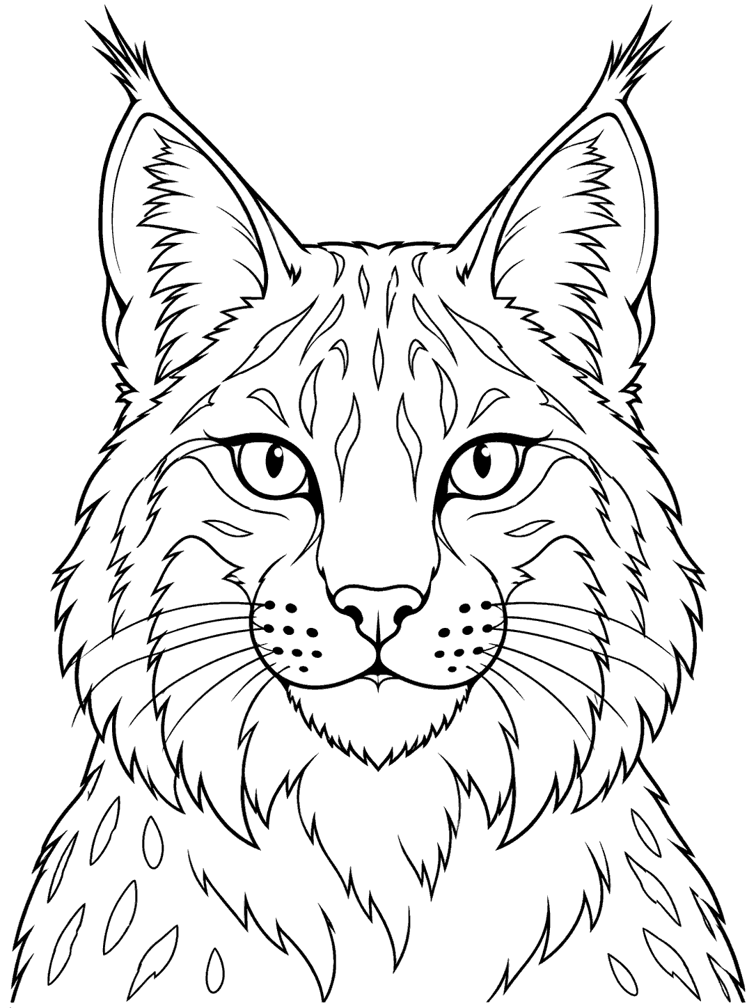 Forward-facing bobcat head-and-shoulders coloring page with tall tufted ears and cheek ruffs