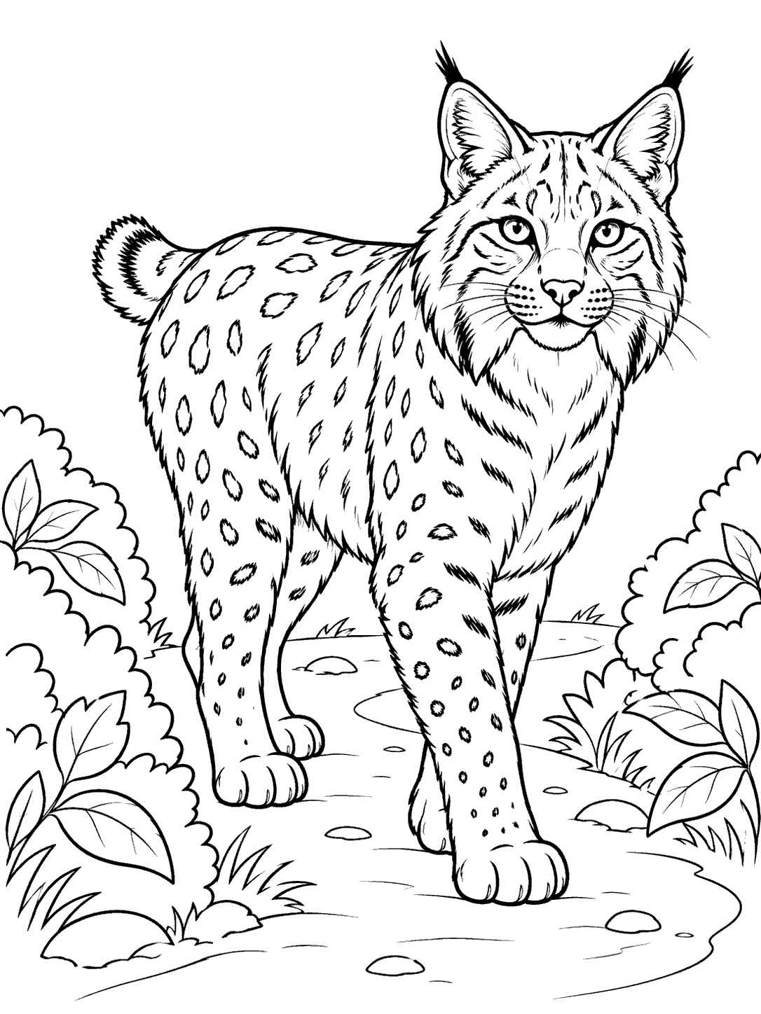 Bobcat pausing on a woodland trail coloring page