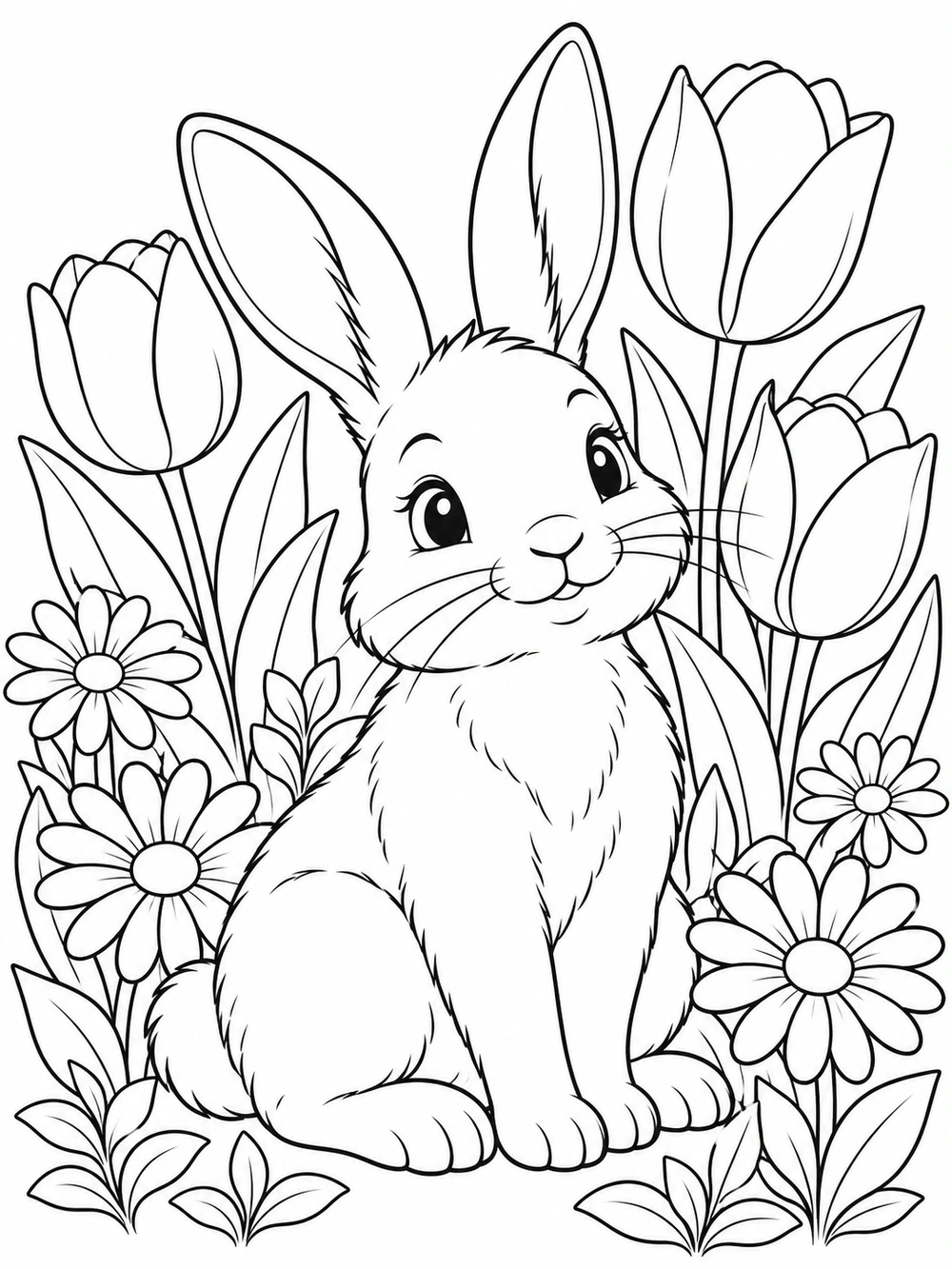 A seated bunny surrounded by tulips, daisies, and leaves in a black-and-white coloring page