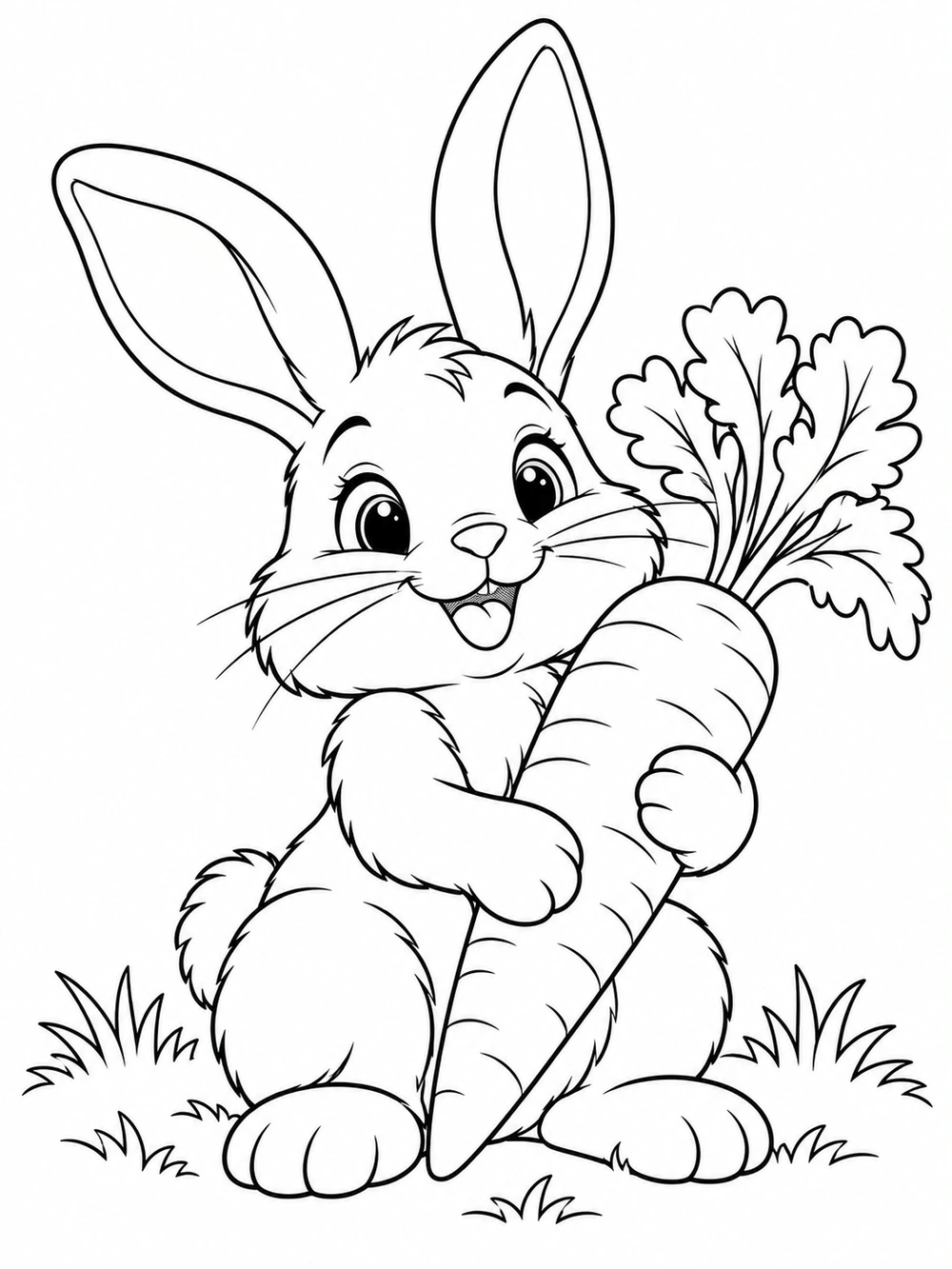 A smiling long-eared bunny seated on a patch of grass and holding a large carrot with leafy tops, drawn in black outlines on white.