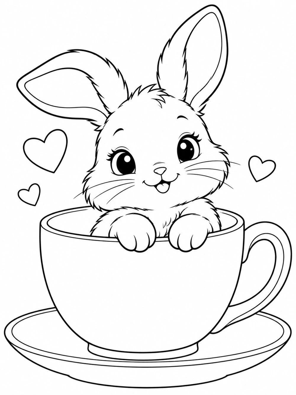 Baby bunny nestled in a teacup on a saucer, with small hearts, in a black-and-white coloring page.