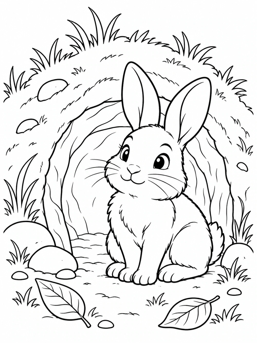 Black-and-white coloring page of a seated bunny at a grassy burrow entrance with stones and two leaves.