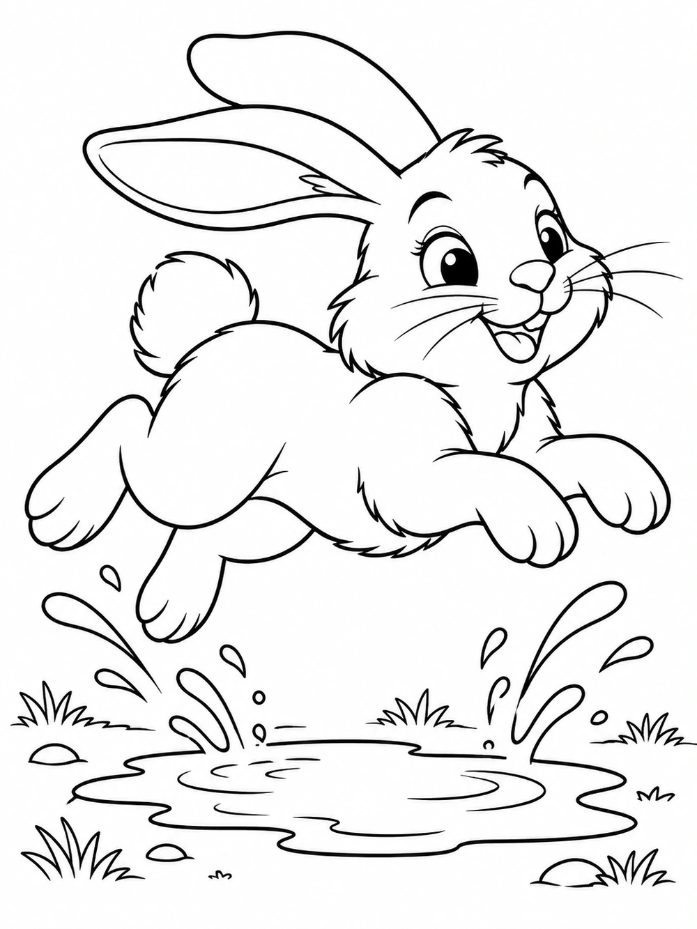 A wide-eared bunny leaping over a puddle with splash arcs and small tufts of grass, in black outlines on white.