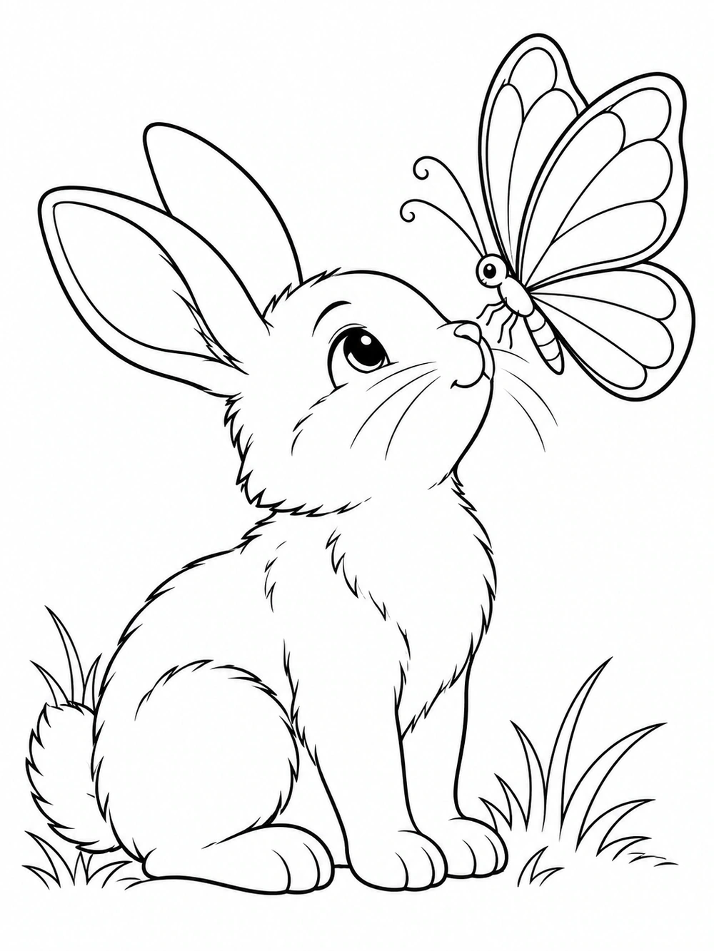 Seated bunny gazing up at a large butterfly coloring page