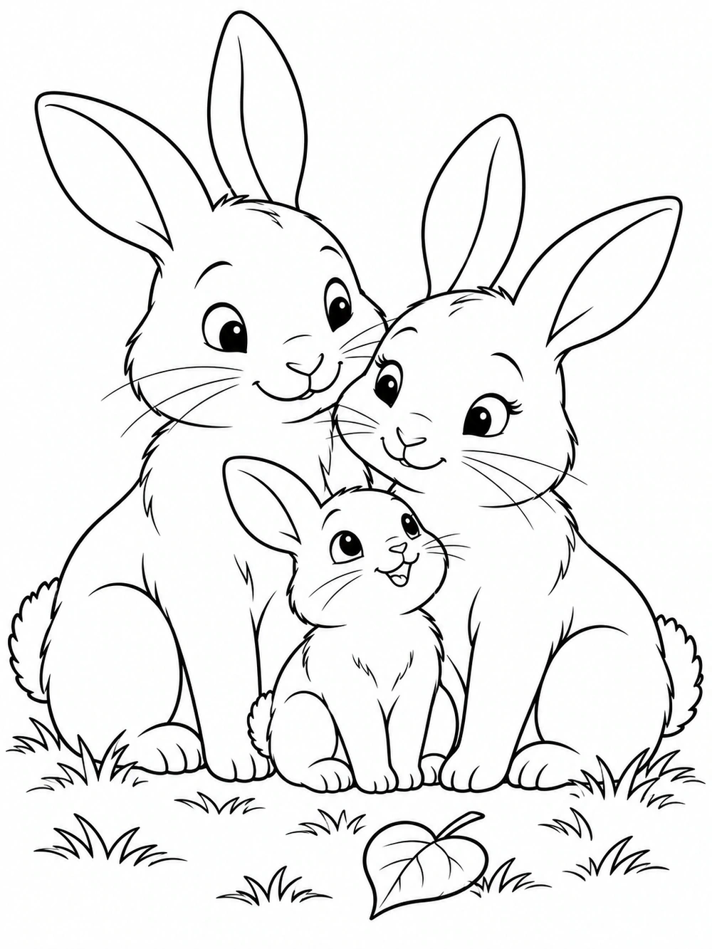 Two adult rabbits sit close behind their baby bunny, with grass and a heart-shaped leaf below.
