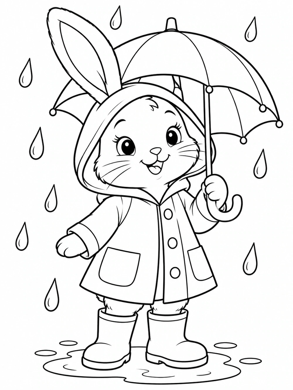 Printable black-and-white coloring page of an upright bunny in a hooded raincoat and rain boots, holding an umbrella among raindrops above a small puddle.