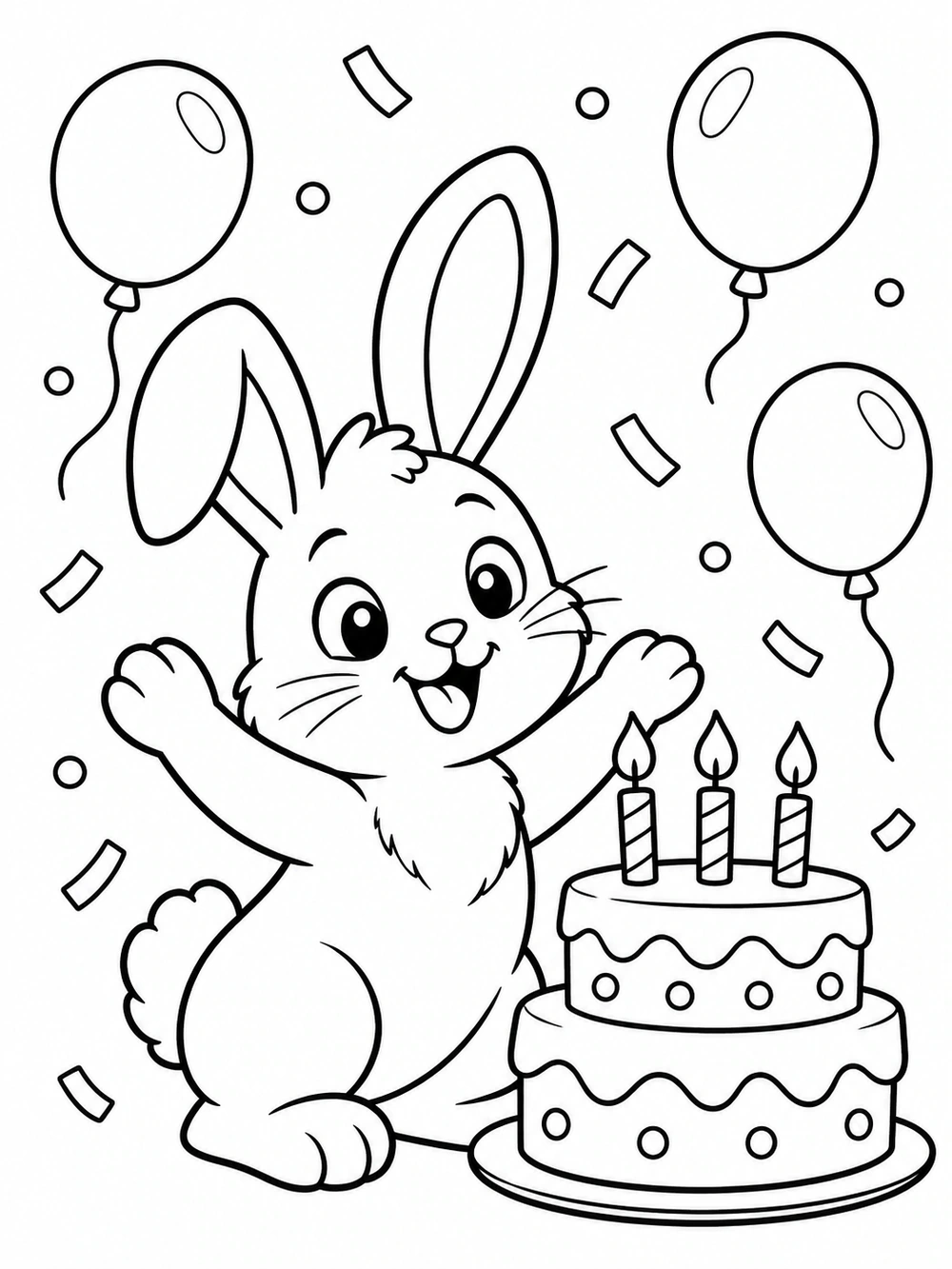 An excited bunny beside a two-layer birthday cake with three candles, surrounded by balloons and confetti, in a black-and-white coloring page.