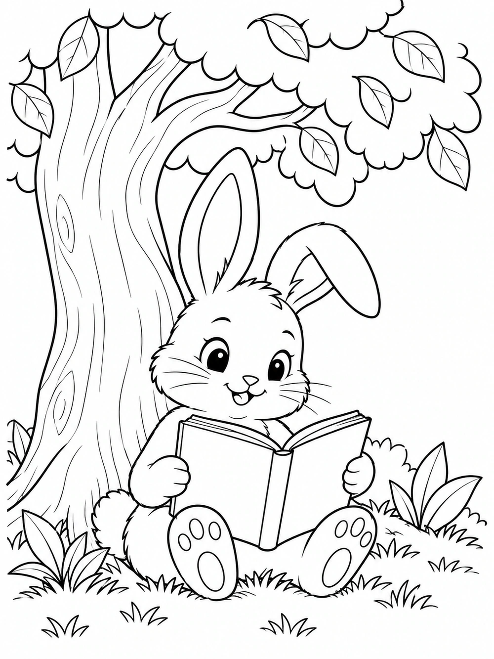 Bunny reading a blank open book beneath a leafy tree on a printable coloring page