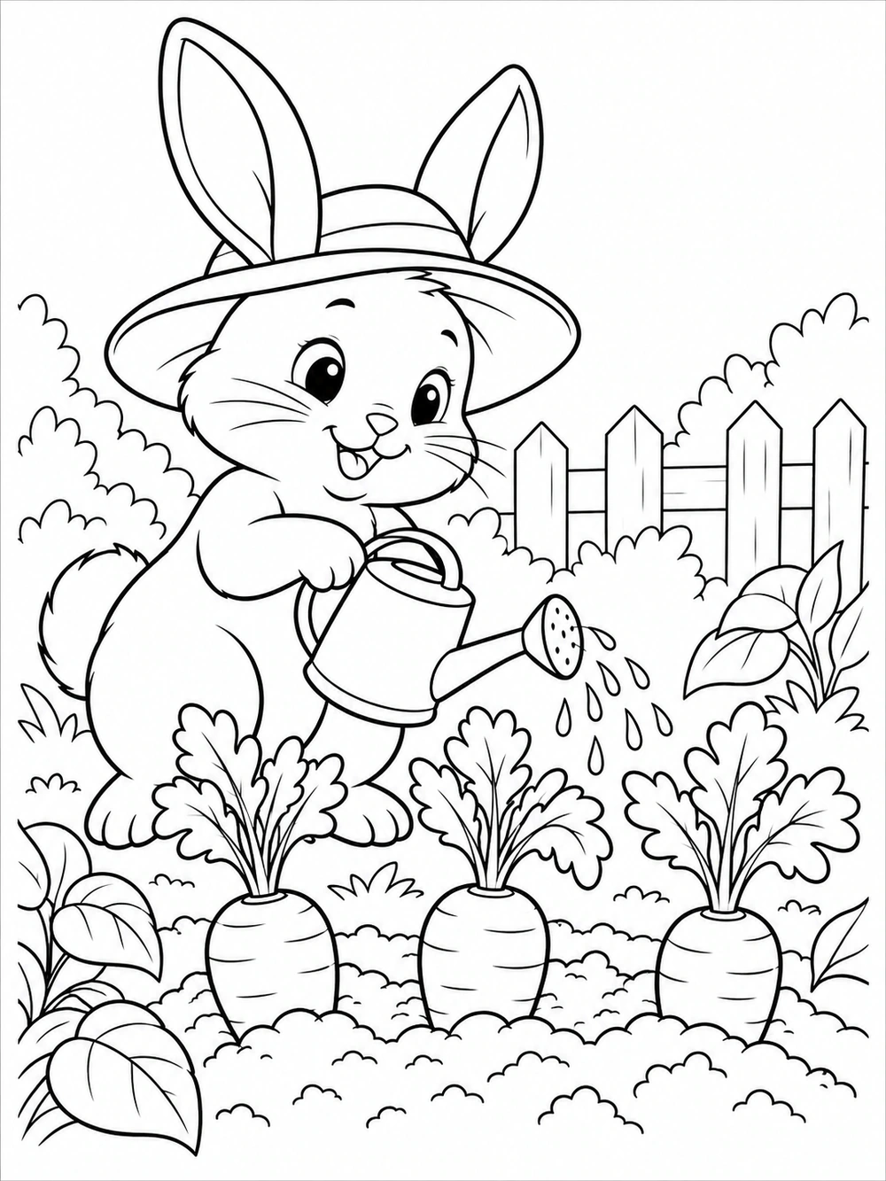 Bunny wearing a gardening hat, watering three carrots in a garden coloring page