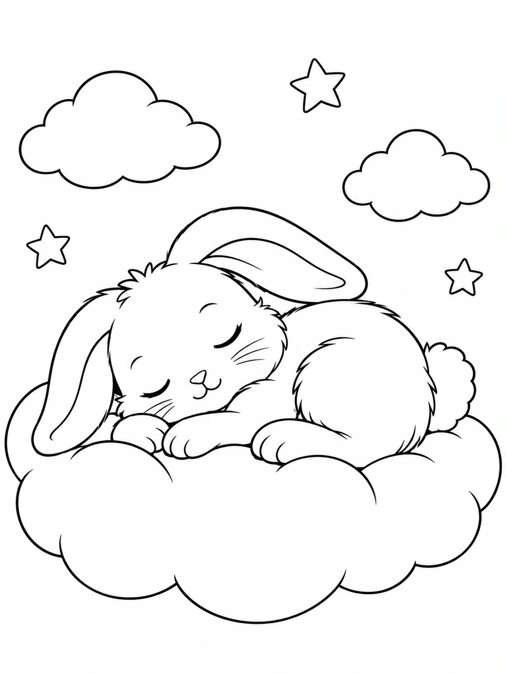 Black-outline coloring page of a peacefully sleeping bunny curled on a large cloud, with two smaller clouds and three stars.