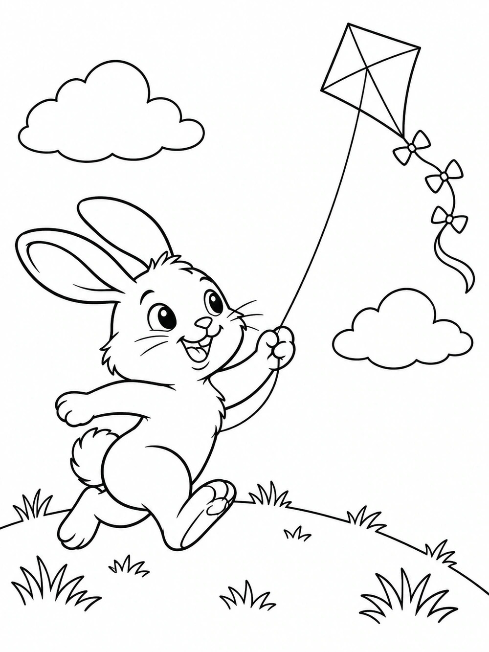 A cheerful running bunny holds a kite string beneath a diamond kite, with two clouds and grass tufts.