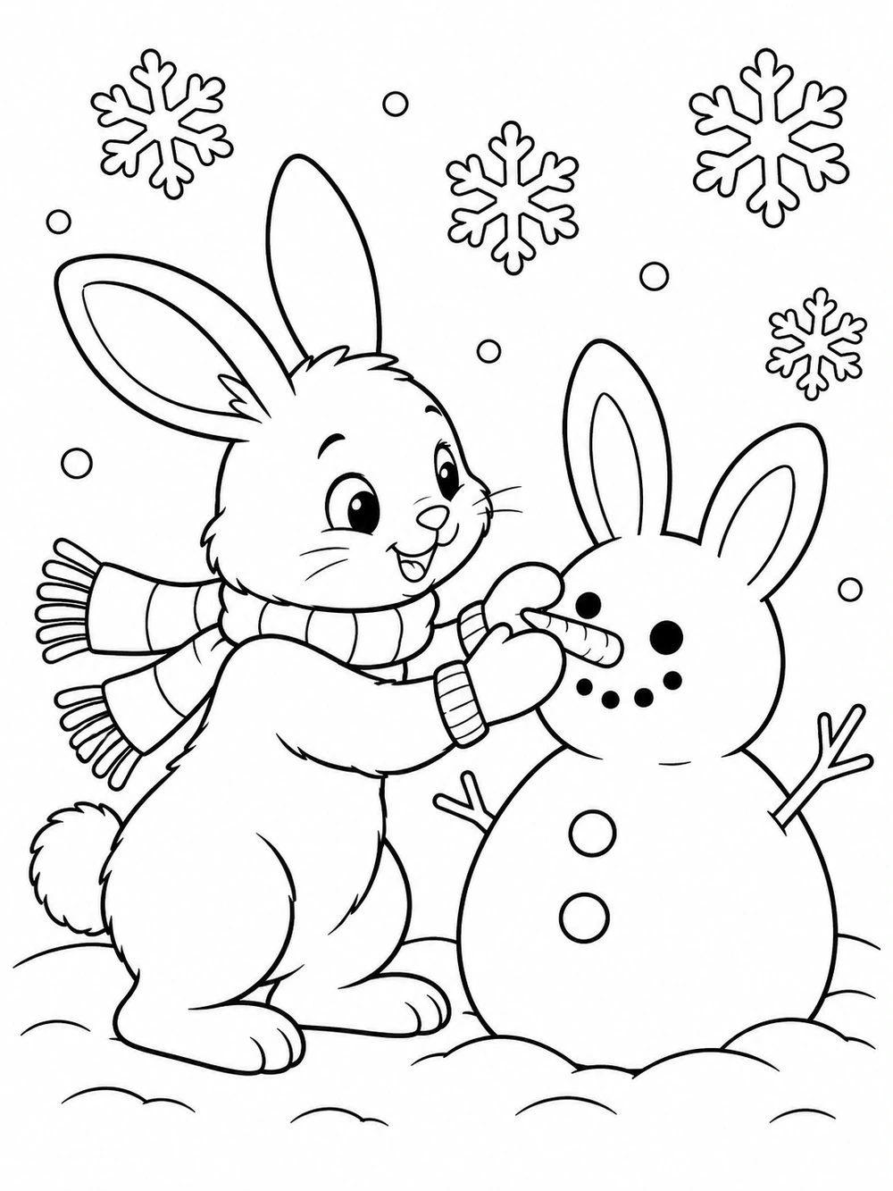 Bunny building a snow bunny coloring page
