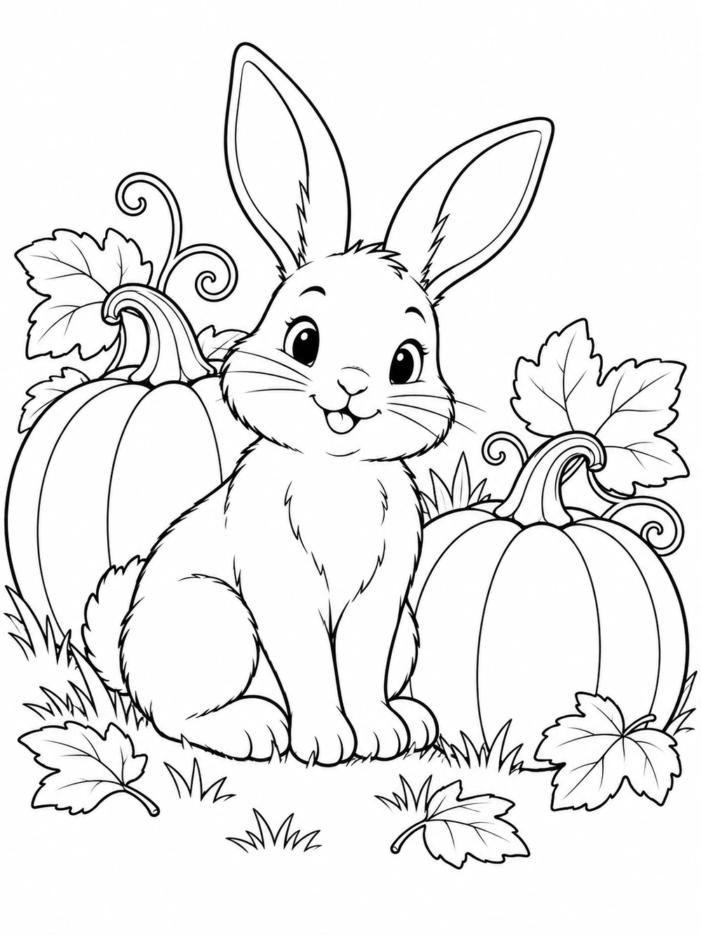 Seated bunny between two large pumpkins with curling stems, leaves, and grass in a coloring page illustration.