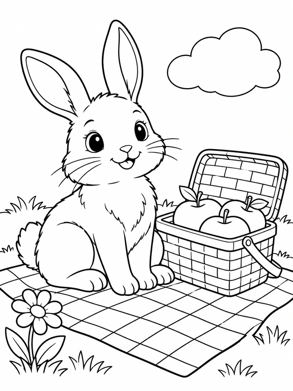 Seated bunny beside a basket of apples on a picnic blanket, with a cloud and flower.