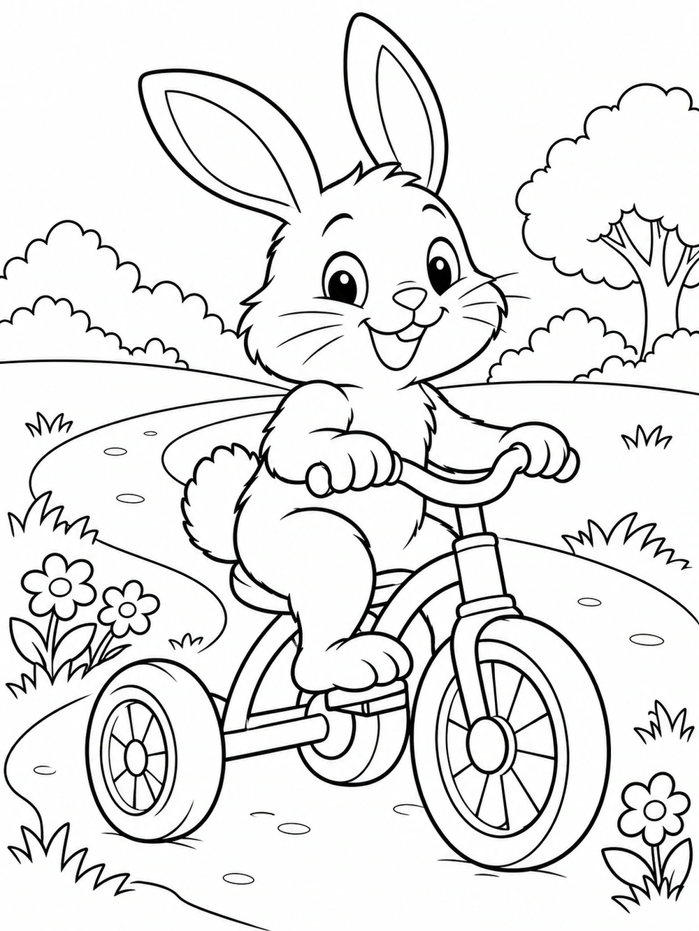 Smiling bunny riding a three-wheel tricycle on a curved path with flowers, black-and-white coloring page