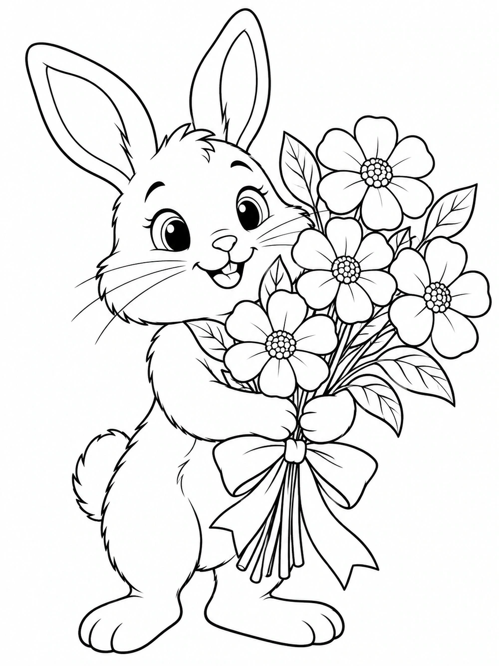 Standing bunny holding a five-flower bouquet coloring page