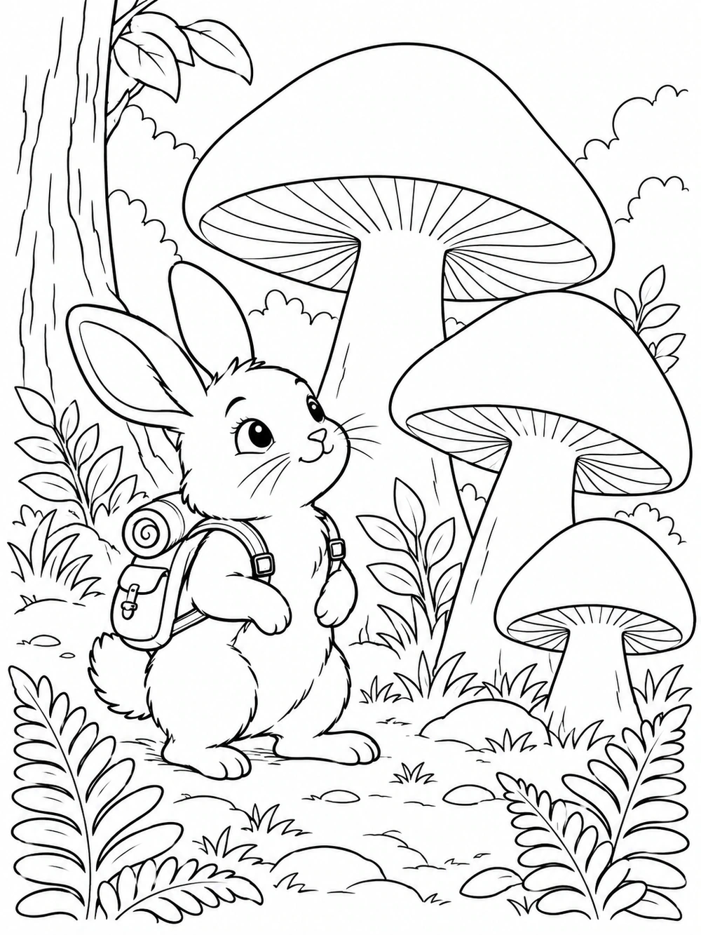 A curious bunny with an explorer backpack among three oversized mushrooms and ferns, drawn as black line art for a coloring page.