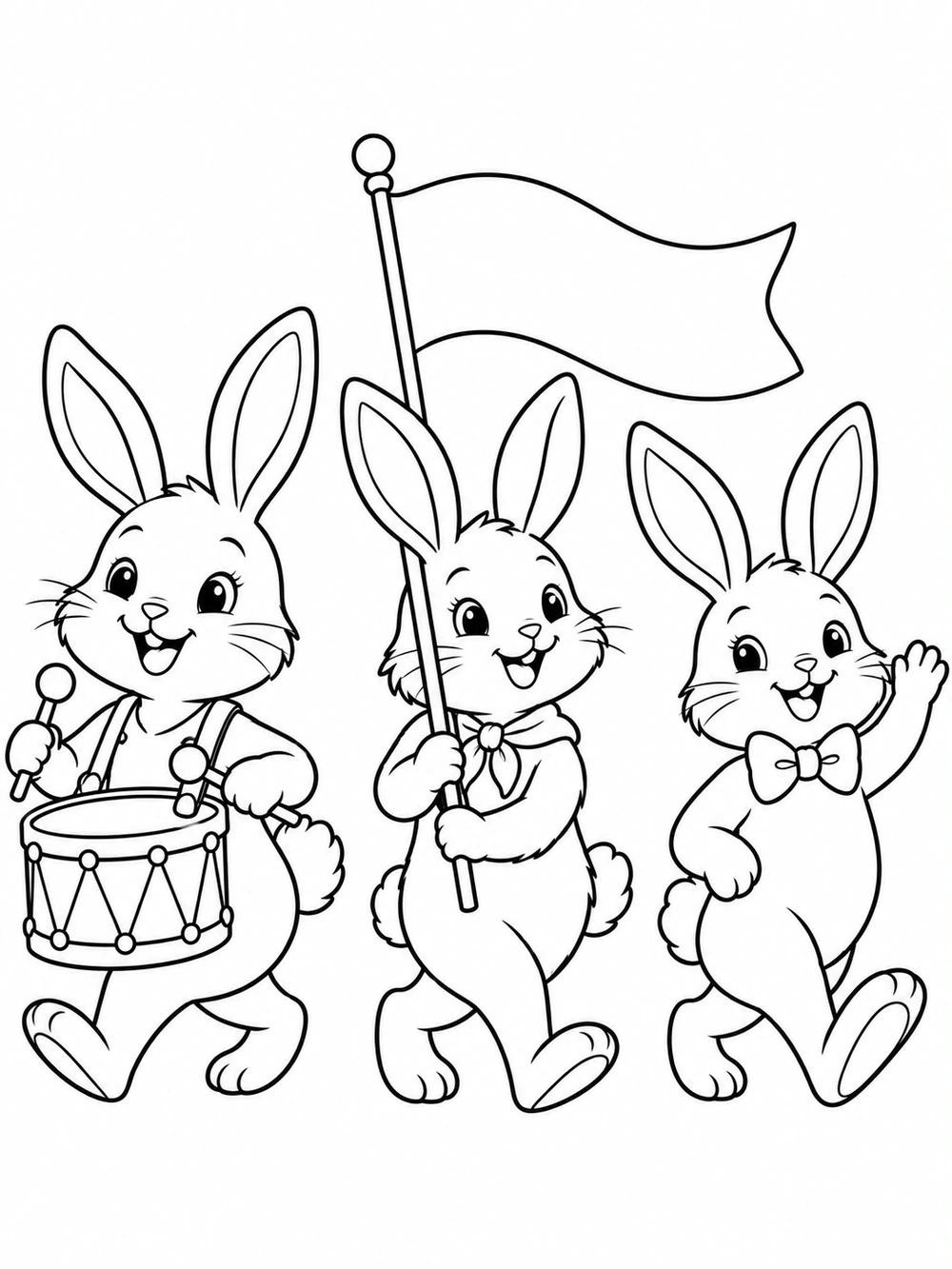 Black-and-white coloring page showing three marching bunnies, with a drum, a large flag, and a waving bunny.