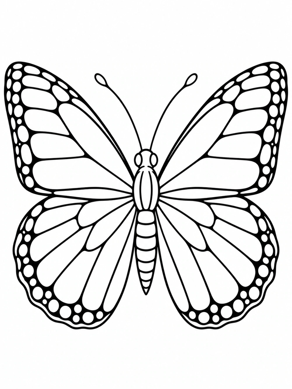 Centered monarch butterfly with broad, symmetrical patterned wings, curved antennae, and open coloring sections.