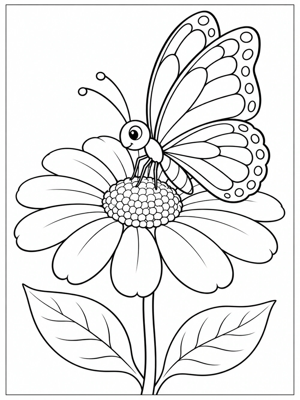 A large daisy with a smiling butterfly perched at its center, broad decorated wings raised, a stem, and two leaves, drawn in black line art.