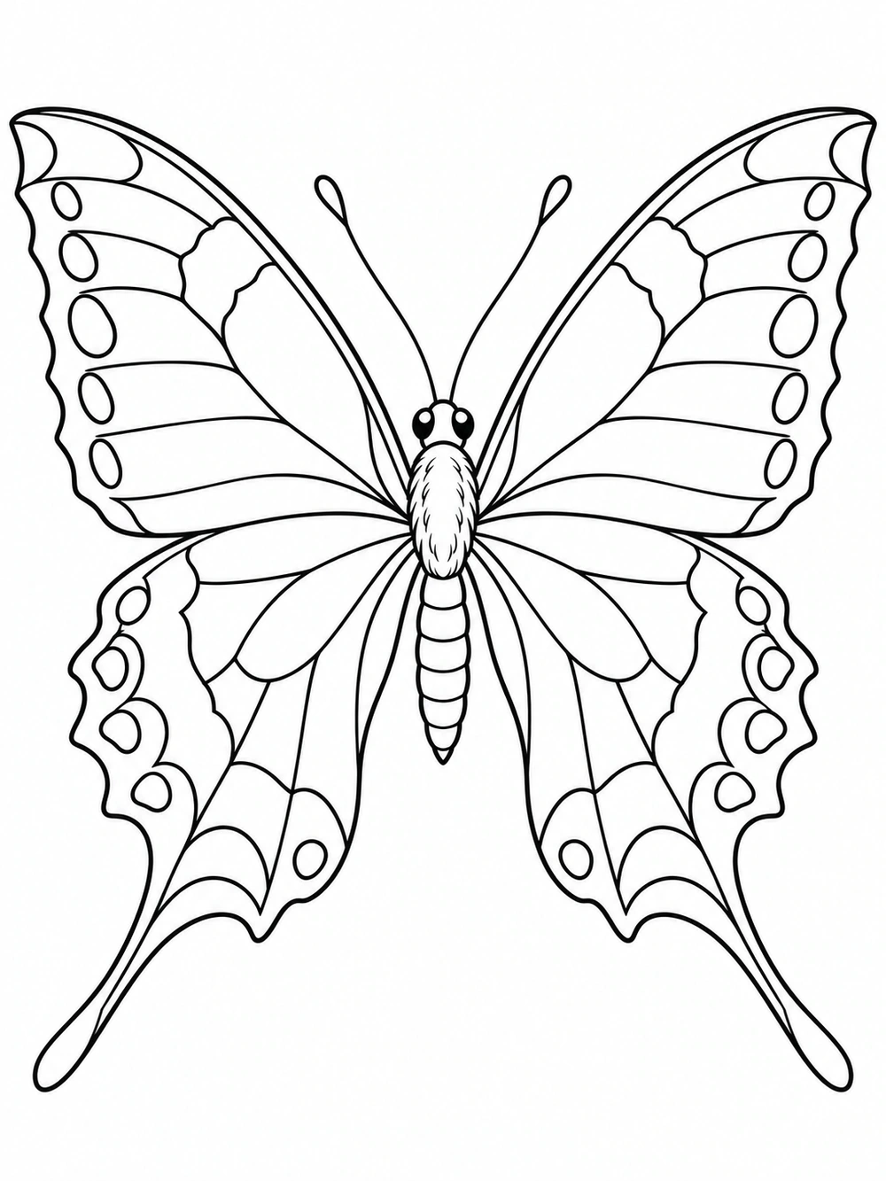 A front-facing swallowtail butterfly with pointed, patterned wings and long tails, outlined in black on white.