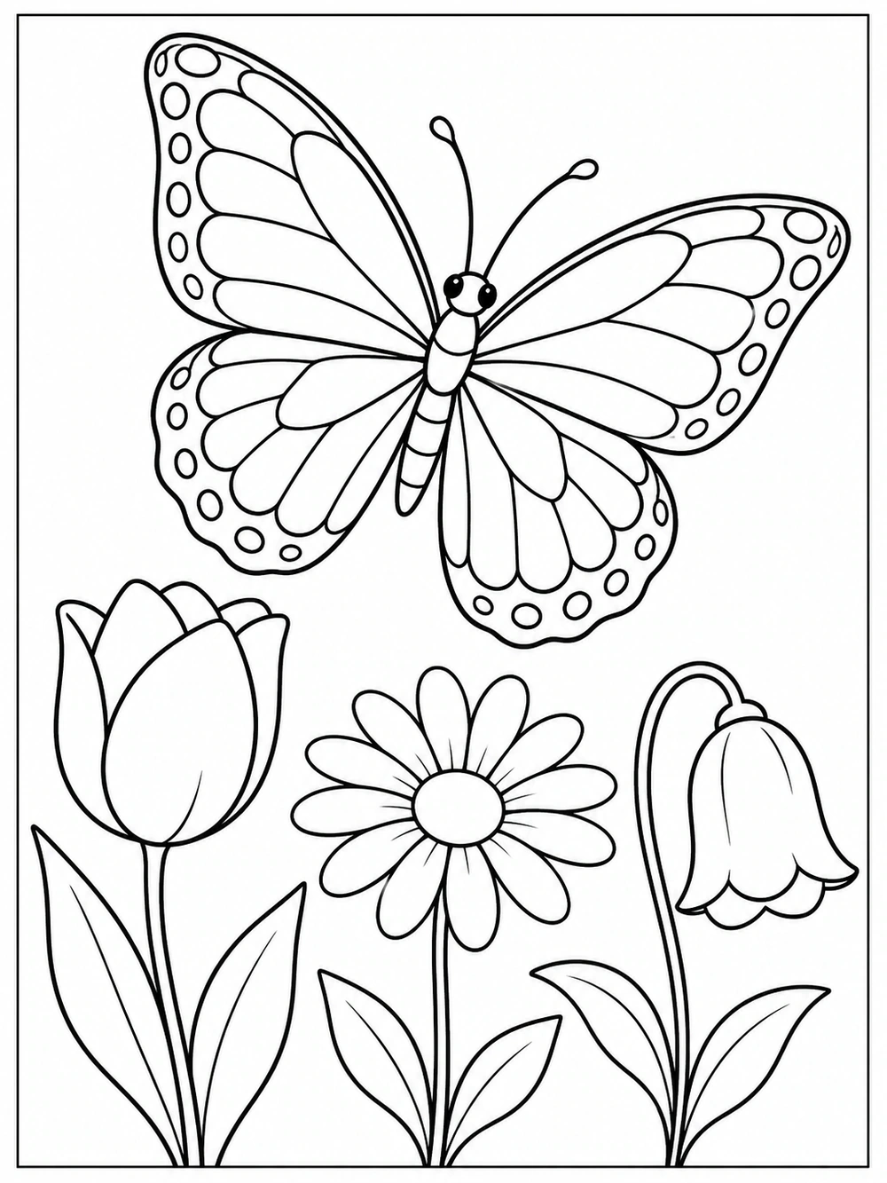 Large spotted butterfly flying above three garden flowers: a tulip, daisy, and bell-shaped bloom, with a few leaves inside a clean page border.