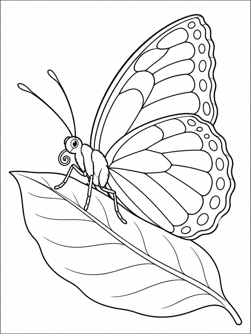 A profile butterfly with large patterned wings resting on a gently curved leaf.