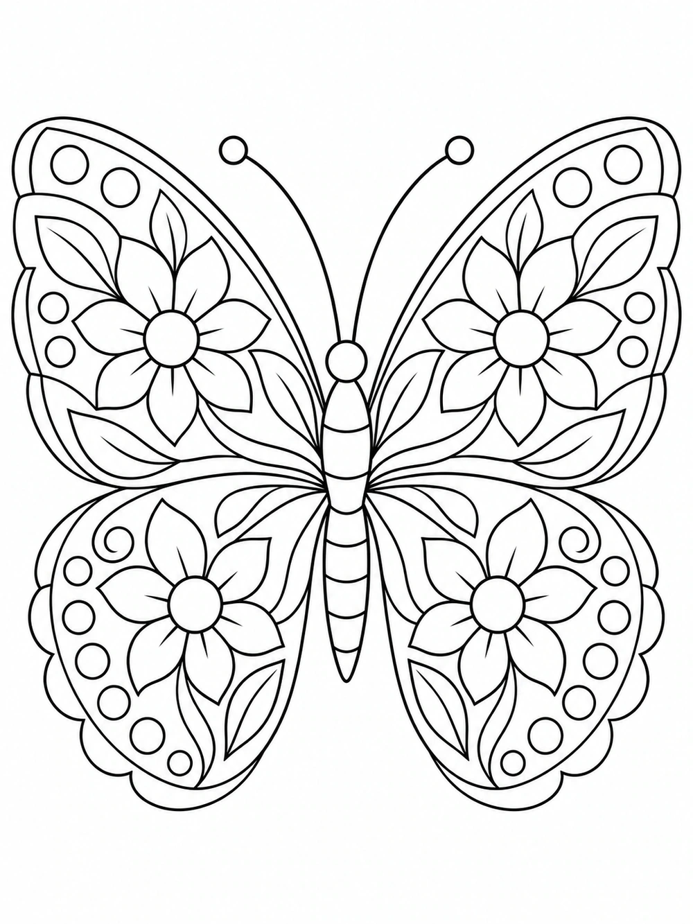 Symmetrical butterfly with large floral motifs, curved leaves, and circular wing details in crisp black outlines.