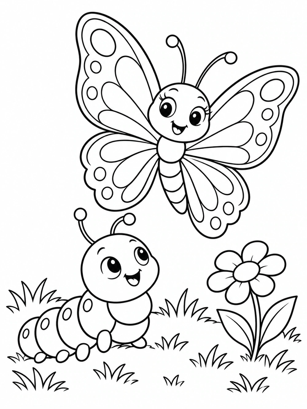 A large smiling butterfly hovers above a smiling segmented caterpillar in grass beside a flower.
