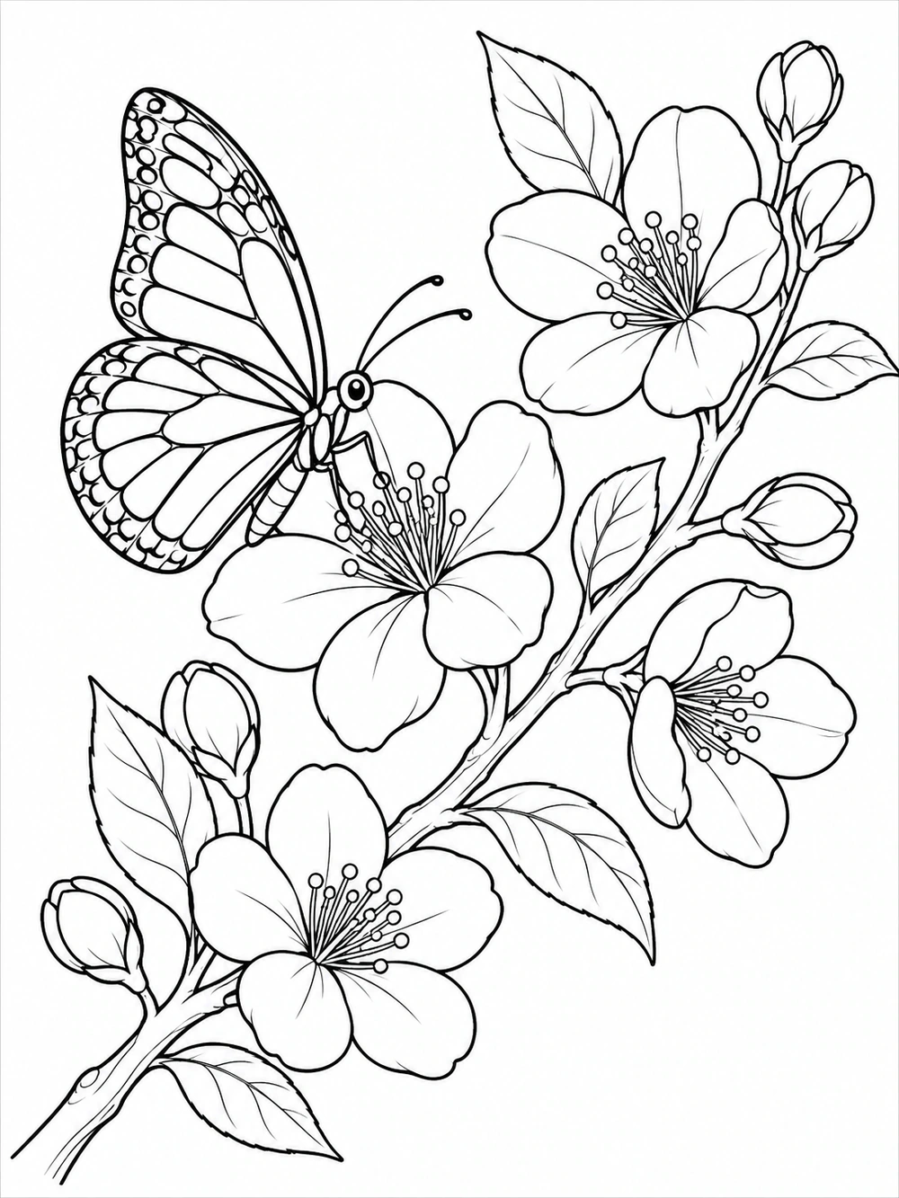 A large butterfly perched beside several open blossoms and buds on a diagonal branch.
