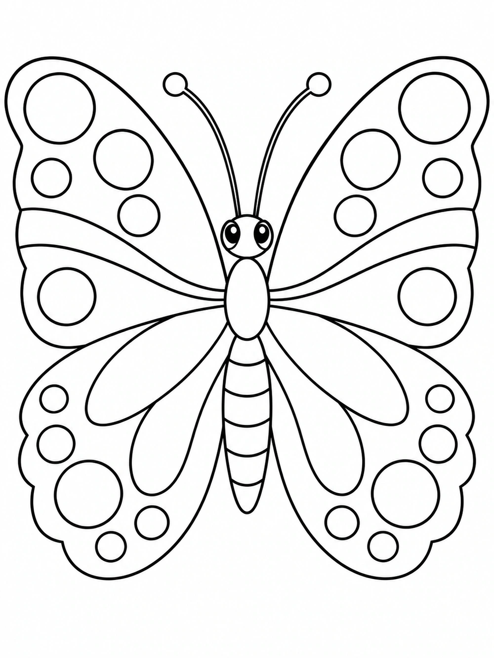 Large front-facing butterfly with symmetrical wings, circular spots, and curved bands.