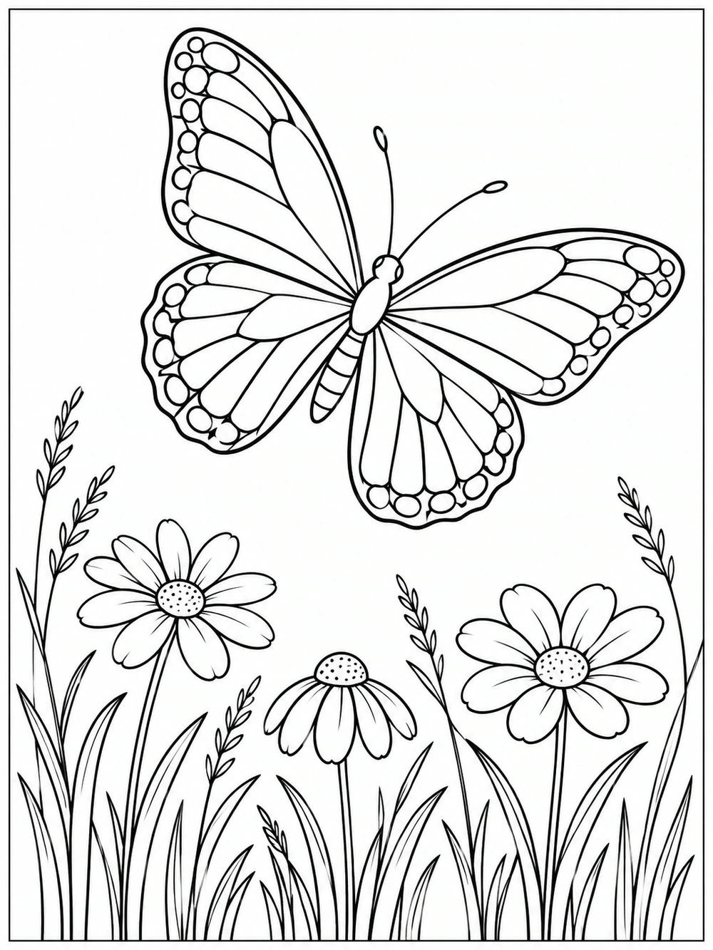 Large butterfly above tall meadow grasses and three wildflowers, drawn in black outlines on a white page.