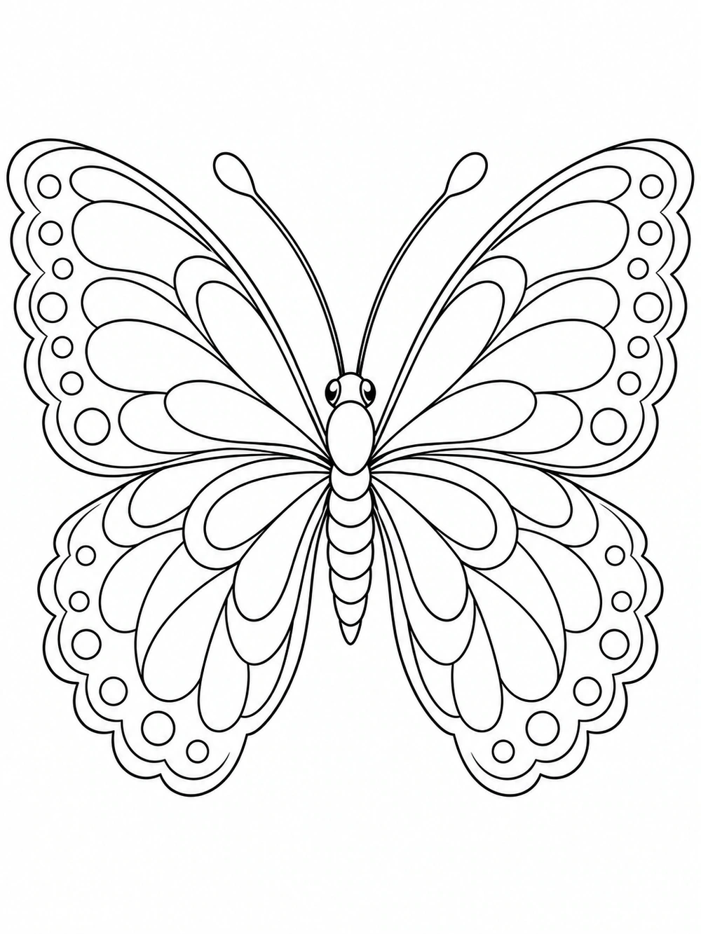 Centered butterfly with spread wings, scalloped borders, and open decorative patterns.