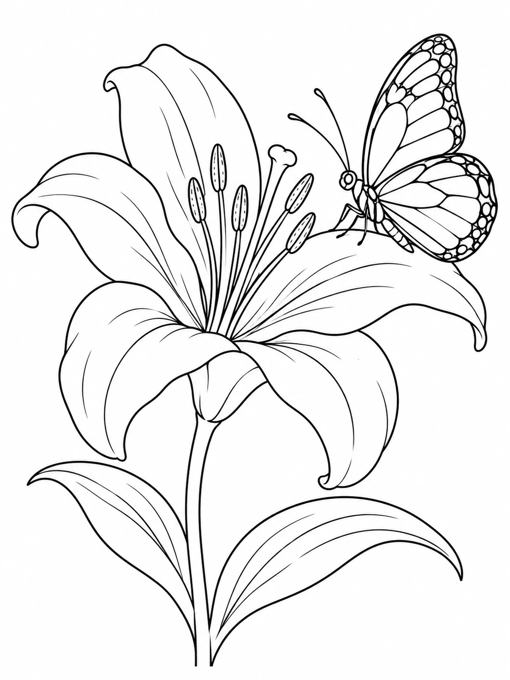 A butterfly perched on a large lily bloom with broad leaves and stamens, drawn in clean black outlines on white.