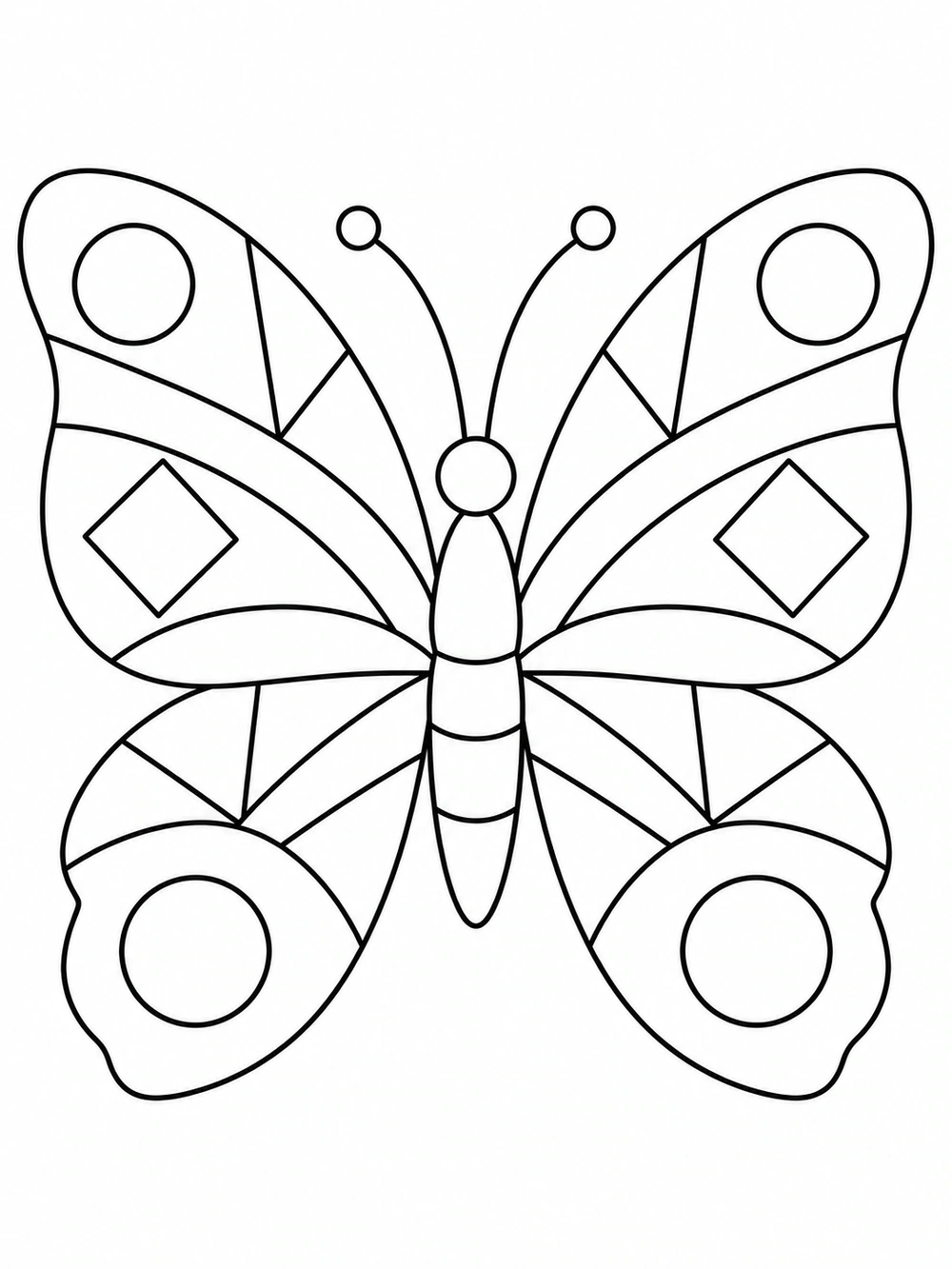 Symmetrical butterfly with large geometric sections in its wings, including arcs, diamonds, and circles.